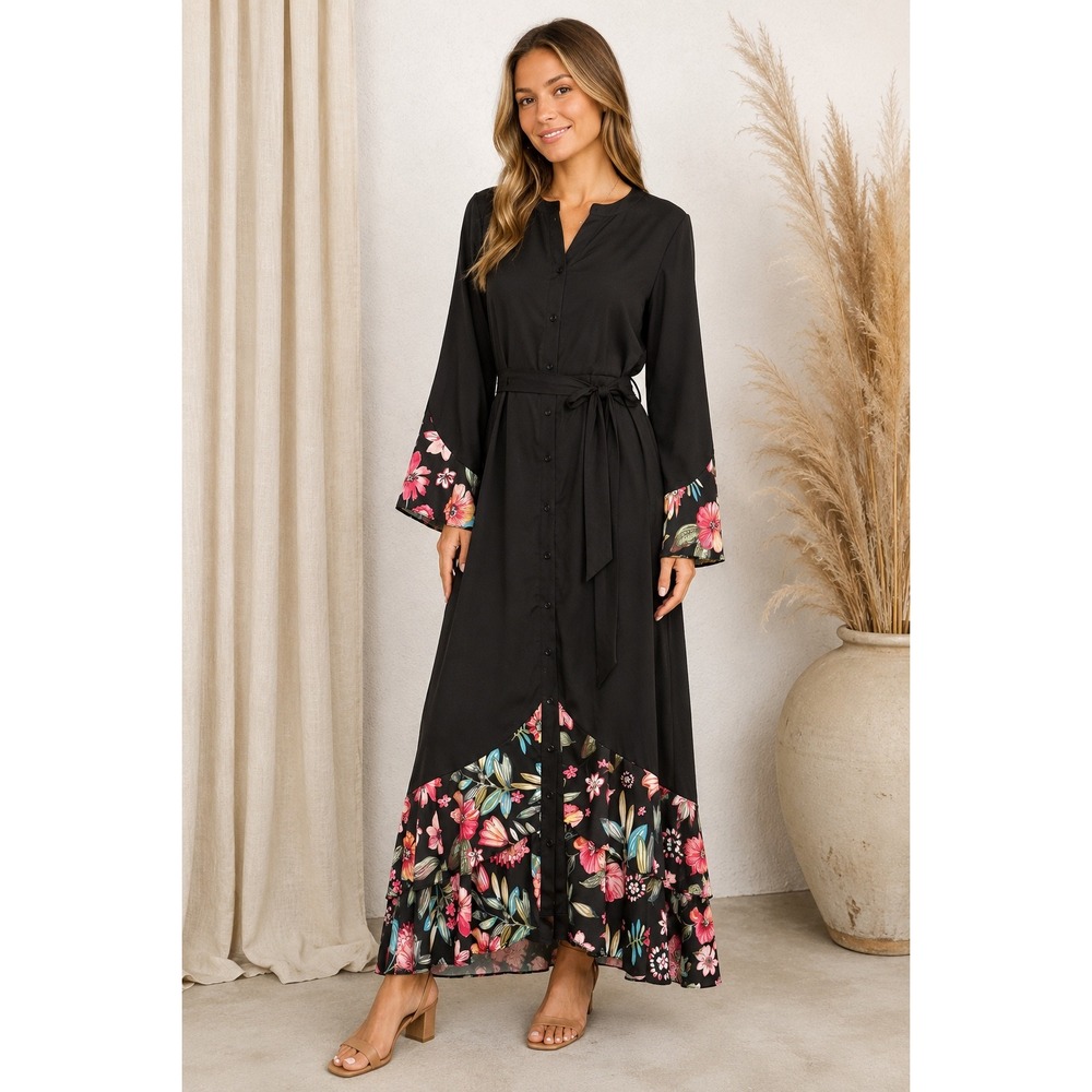 Annah Hariri Maxi Dress Womens 14 Black Excellent Modest Floral Button Front